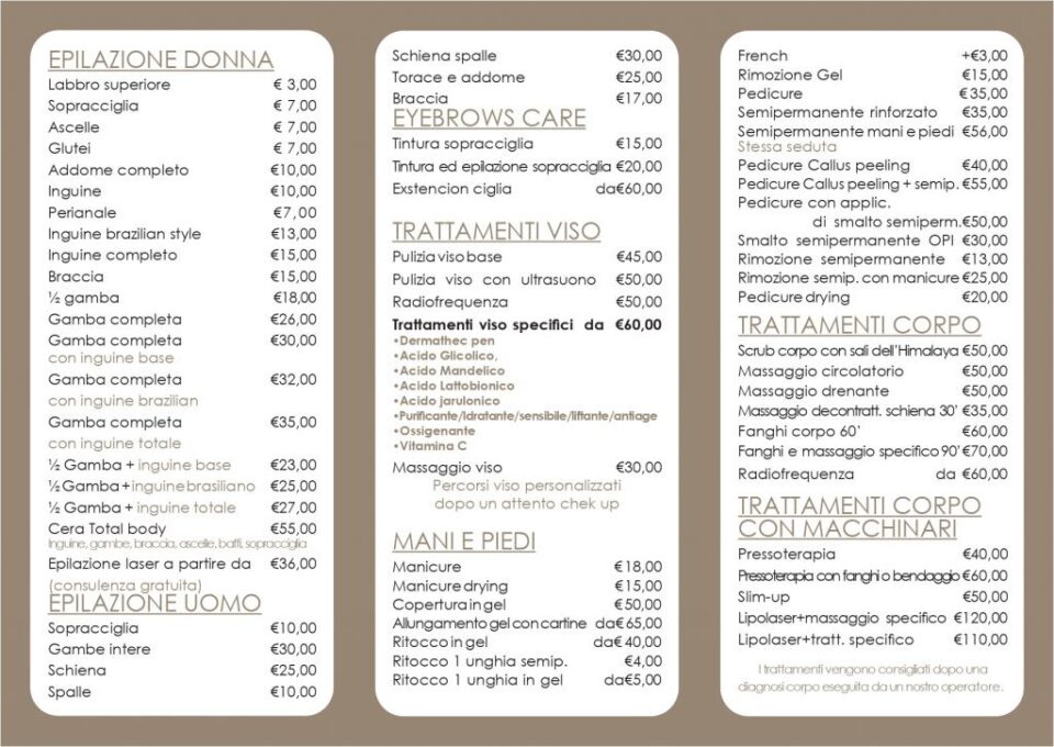 Scopri il listino prezzi completo del centro estetico Beauty Smart a Roma: epilazione laser, trattamenti viso e corpo, manicure, pedicure e molto altro. 